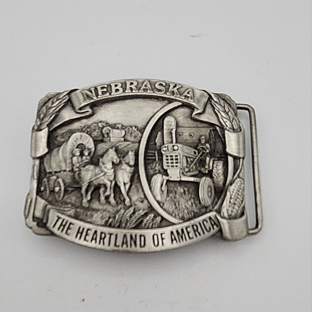 Nebraska, The Heartland Pewter Belt Buckle. Siseiyou Buckle Co, 1982  